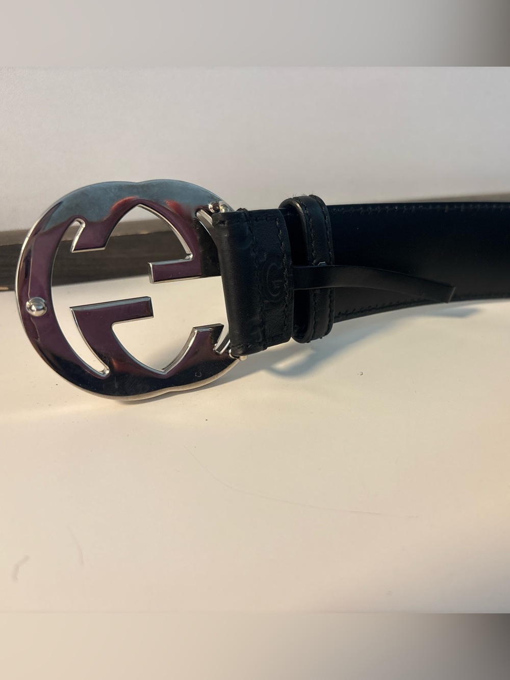Authentic Gucci Black Guccissima Leather Silver Interlocking G Buckle Belt - Picture 7 of 11